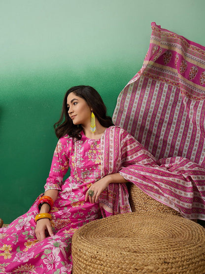 Indyancart SN Women's Printed Pure Cotton Straight Kurta With Trousers & Dupatta
