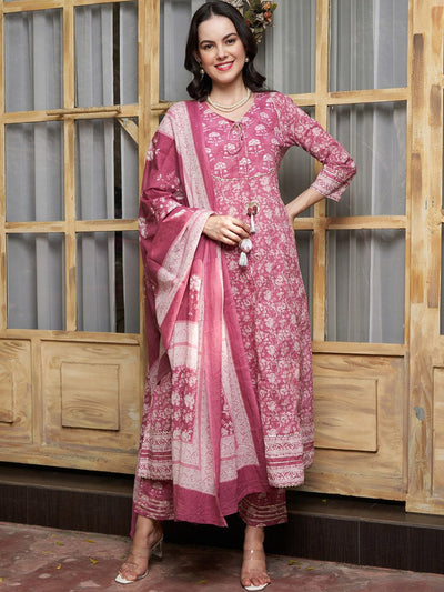 Indyancart SN Women's Ethnic Motifs Printed Pure Cotton Kurta with Trousers & With Dupatta