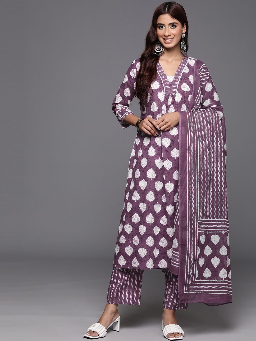 Indyancart VA Women'sFloral Printed Sequinned Pure Cotton Kurta with Trousers & Dupatta