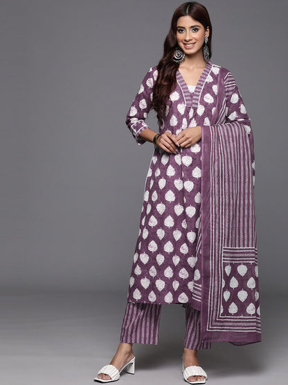 Indyancart VA Women'sFloral Printed Sequinned Pure Cotton Kurta with Trousers & Dupatta