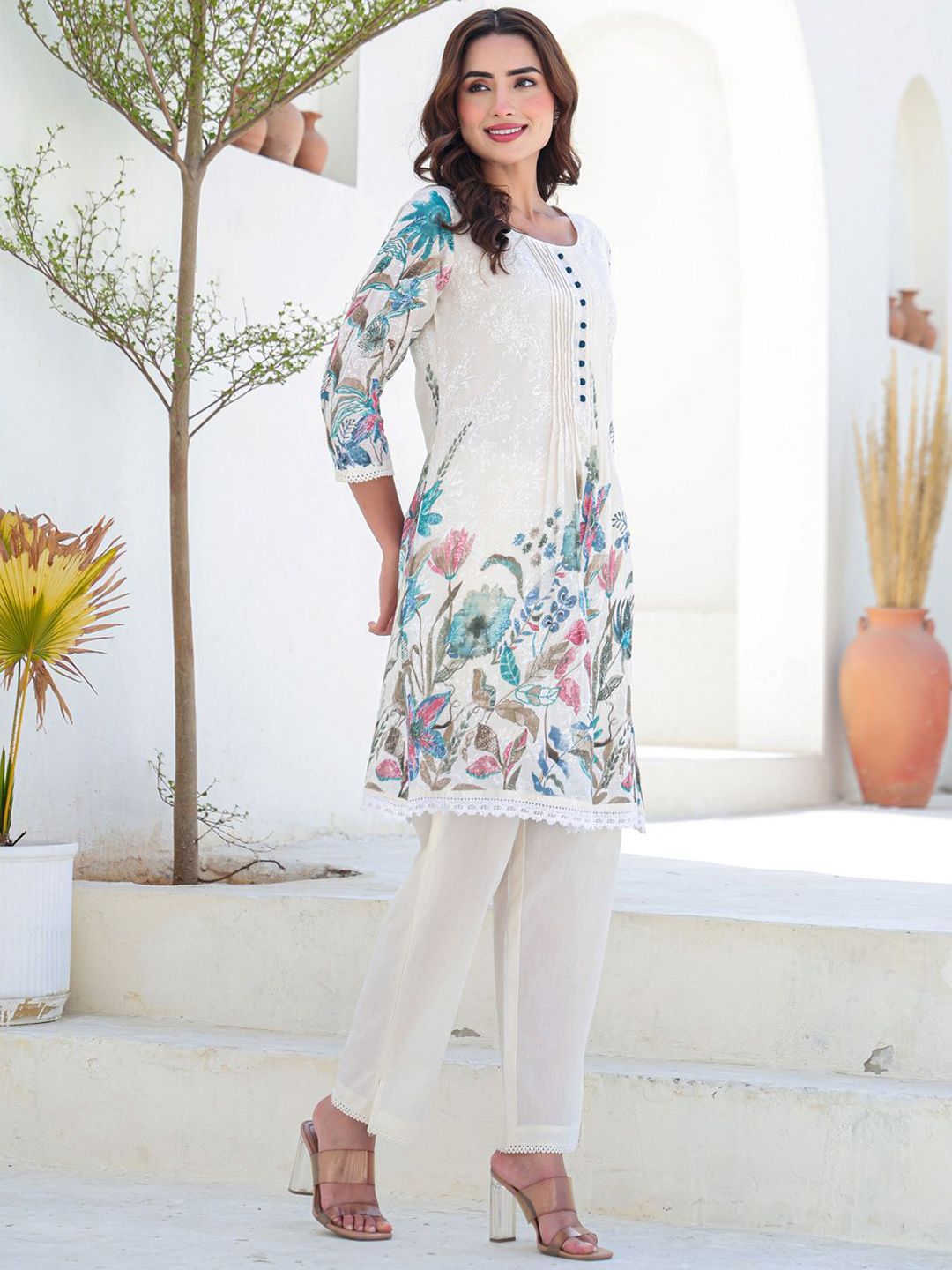 Dhiyona IE Floral Printed Pure Cotton Tunic With Trousers Co-Ords