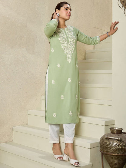 Indyancart IE Floral Embroidered Notch Neck Kurta