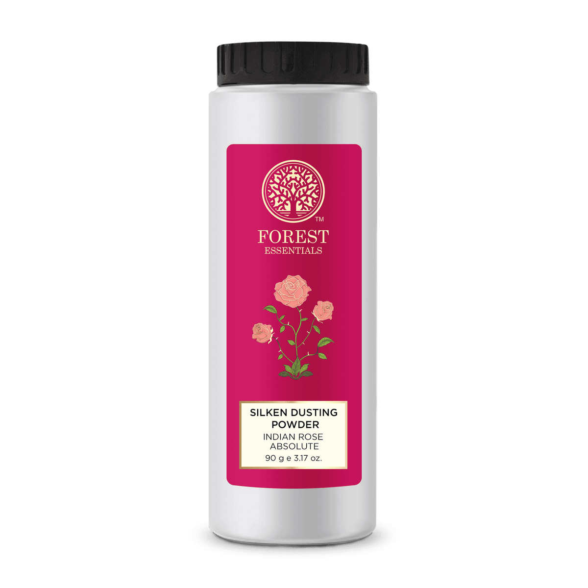 Forest Essentials Indian Rose Silken Dusting Powder in a natural, highly absorbent powder form with rose scent.