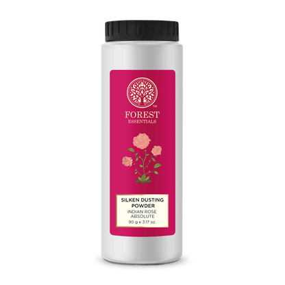 Forest Essentials Indian Rose Silken Dusting Powder in a natural, highly absorbent powder form with rose scent.