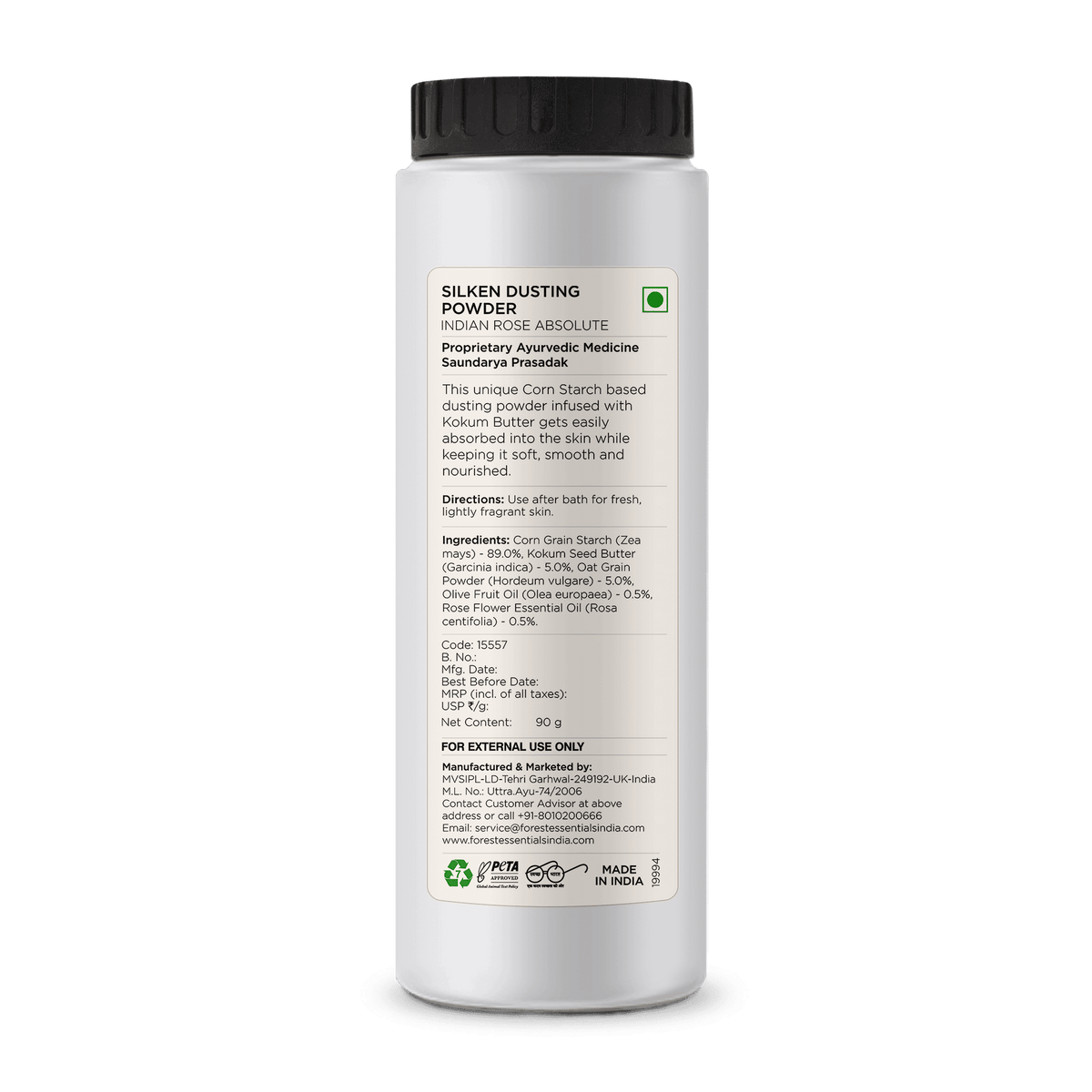 Forest Essentials Indian Rose Silken Dusting Powder in a natural, highly absorbent powder form with rose fragrance.