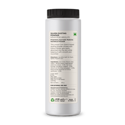 Forest Essentials Indian Rose Silken Dusting Powder in a natural, highly absorbent powder form with rose fragrance.