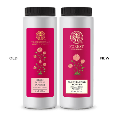 Forest Essentials Indian Rose Silken Dusting Powder in a natural, highly absorbent powder form with rose scent.