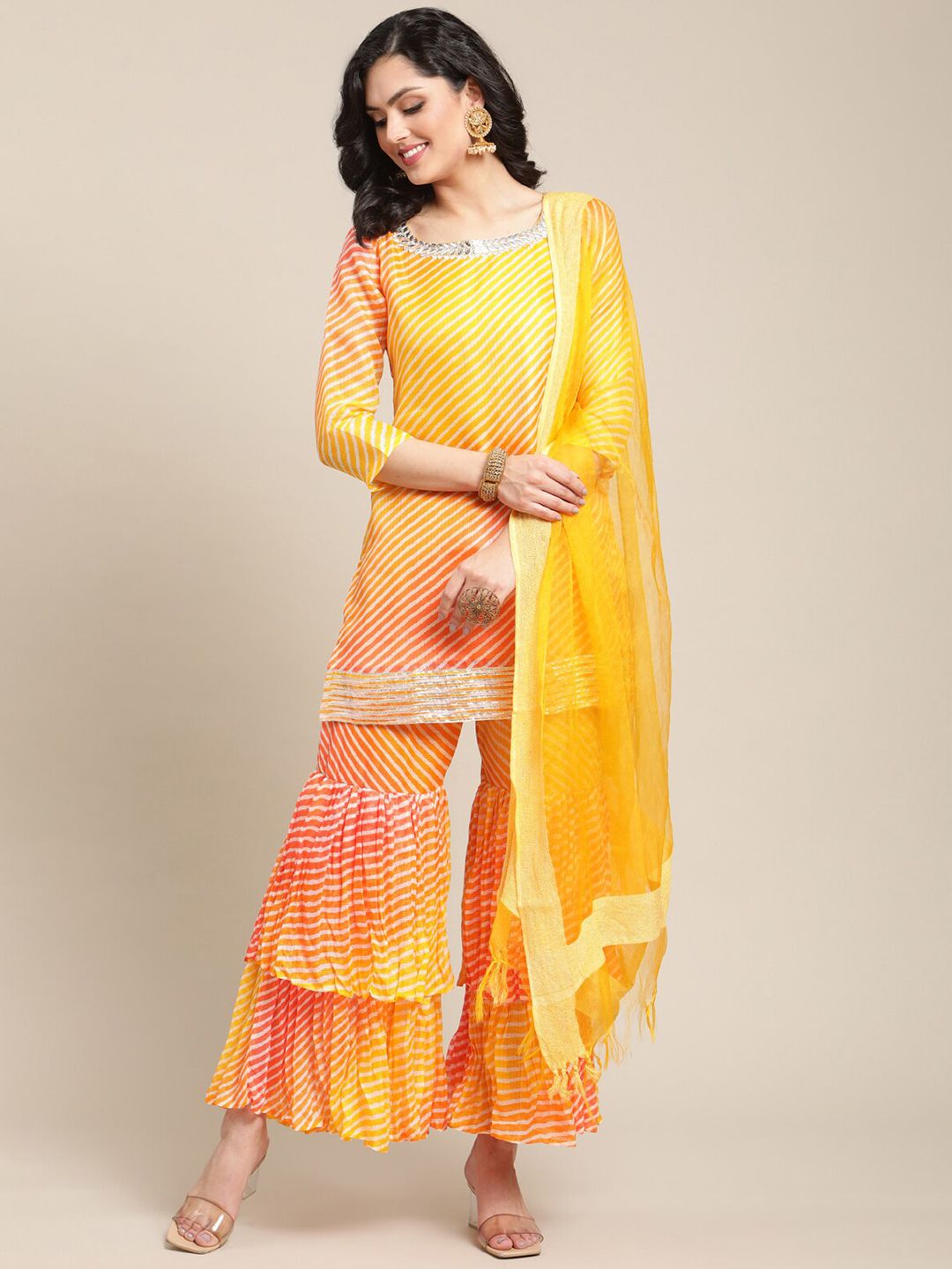 Indyancart VA Women's Yellow Printed Gotta Patti Kurti with Sharara & Dupatta