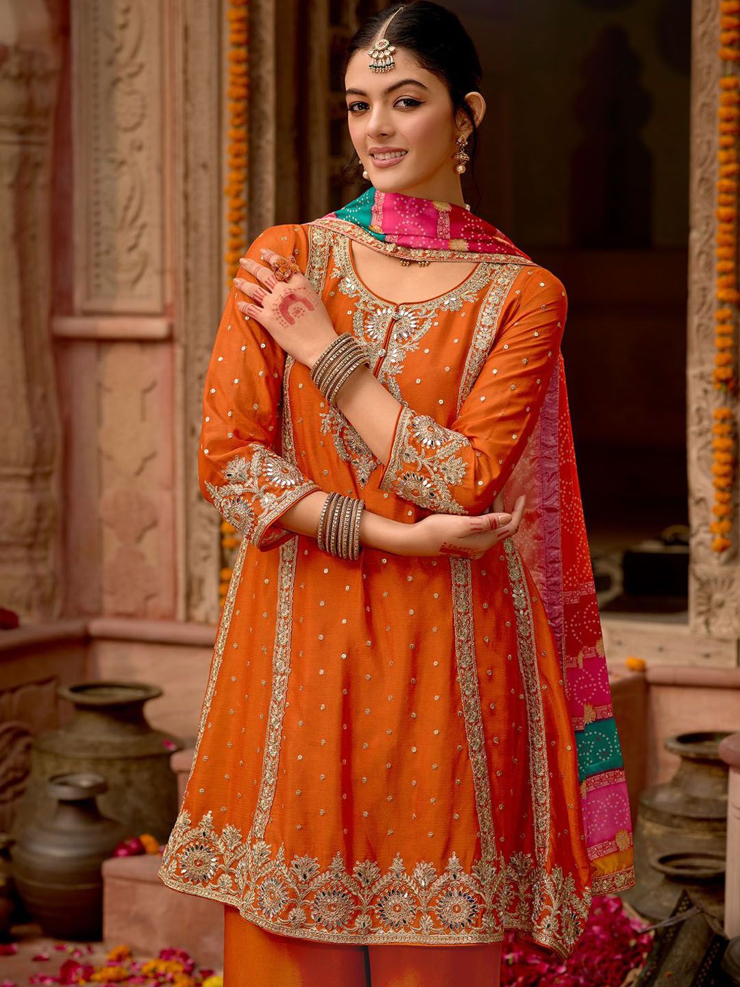 Indyancart IE Floral Embroidered Panelled Mirror Work A-Line Kurta With Palazzos & Dupatta