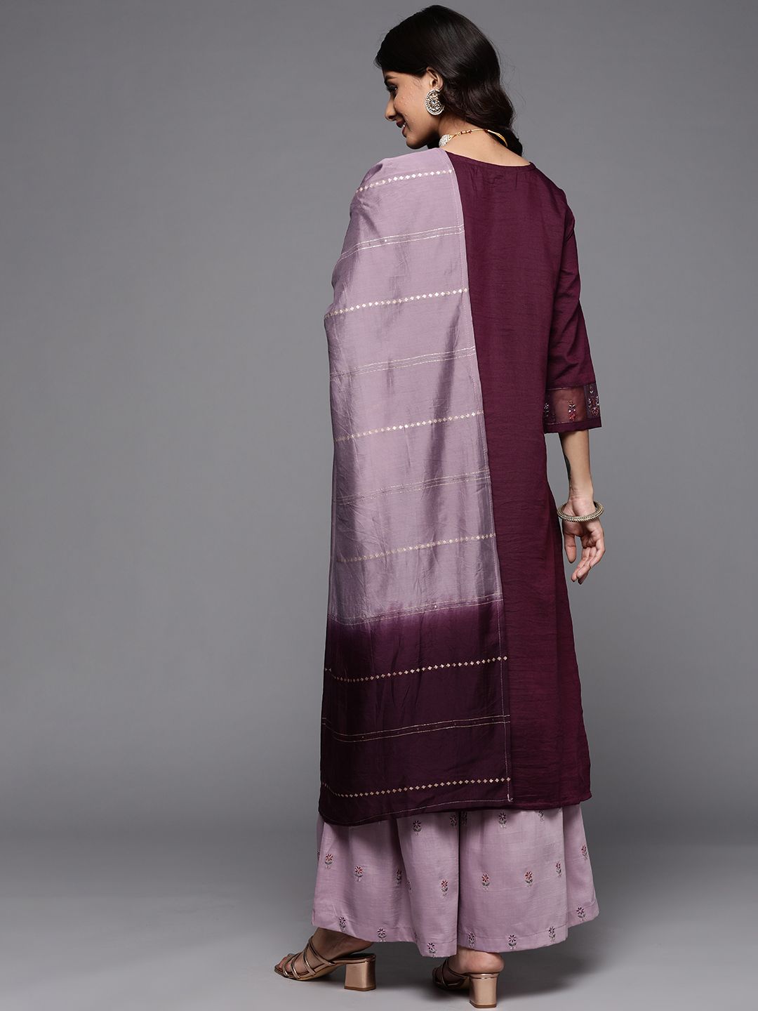 Indyancart VA Floral Embroidered Thread & Sequin Work Straight Kurta with Sharara & Dupatta