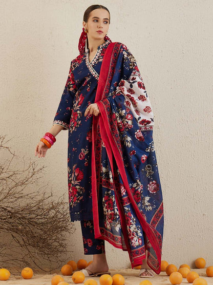 Indyancart IE Floral Printed Angrakha Mirror Work Cotton Straight Kurta & Trousers & Dupatta