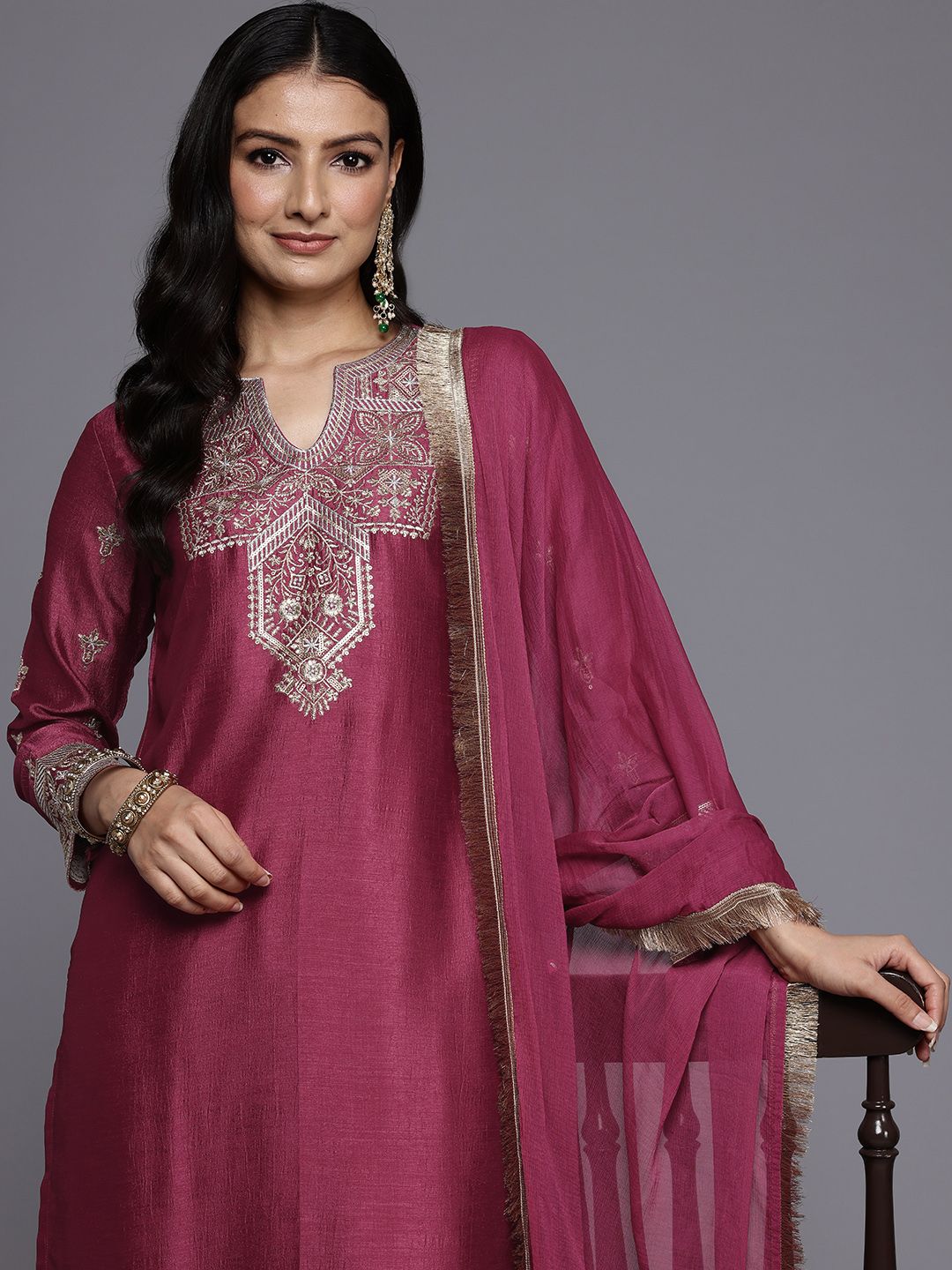 Indyancart VA Women'sEthnic Motifs Embroidered Zari Kurta With Palazzos & Dupatta