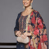 Dhiyona VA Women's Blue Embroidered Kurta with Trousers & With Dupatta