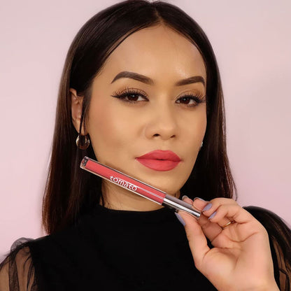 Flicka Tomato Liquid Lipstick in shade 07, rich matte finish, long-lasting, intense pigment, smudge-proof lipstick on model lips