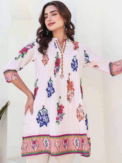 Indyancart IE Printed Pure Cotton Mandarin Collar Neck A-Line Tunic With Trousers Co-Ords