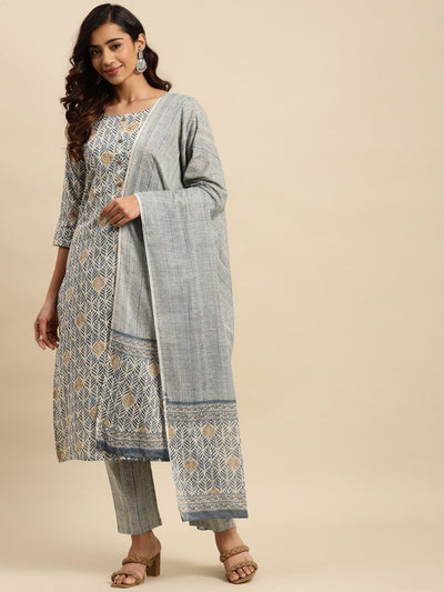 Indyancart SN Women's Grey Ethnic Printed Thread Work Pure Cotton Kurta With Trouser & Dupatta Set