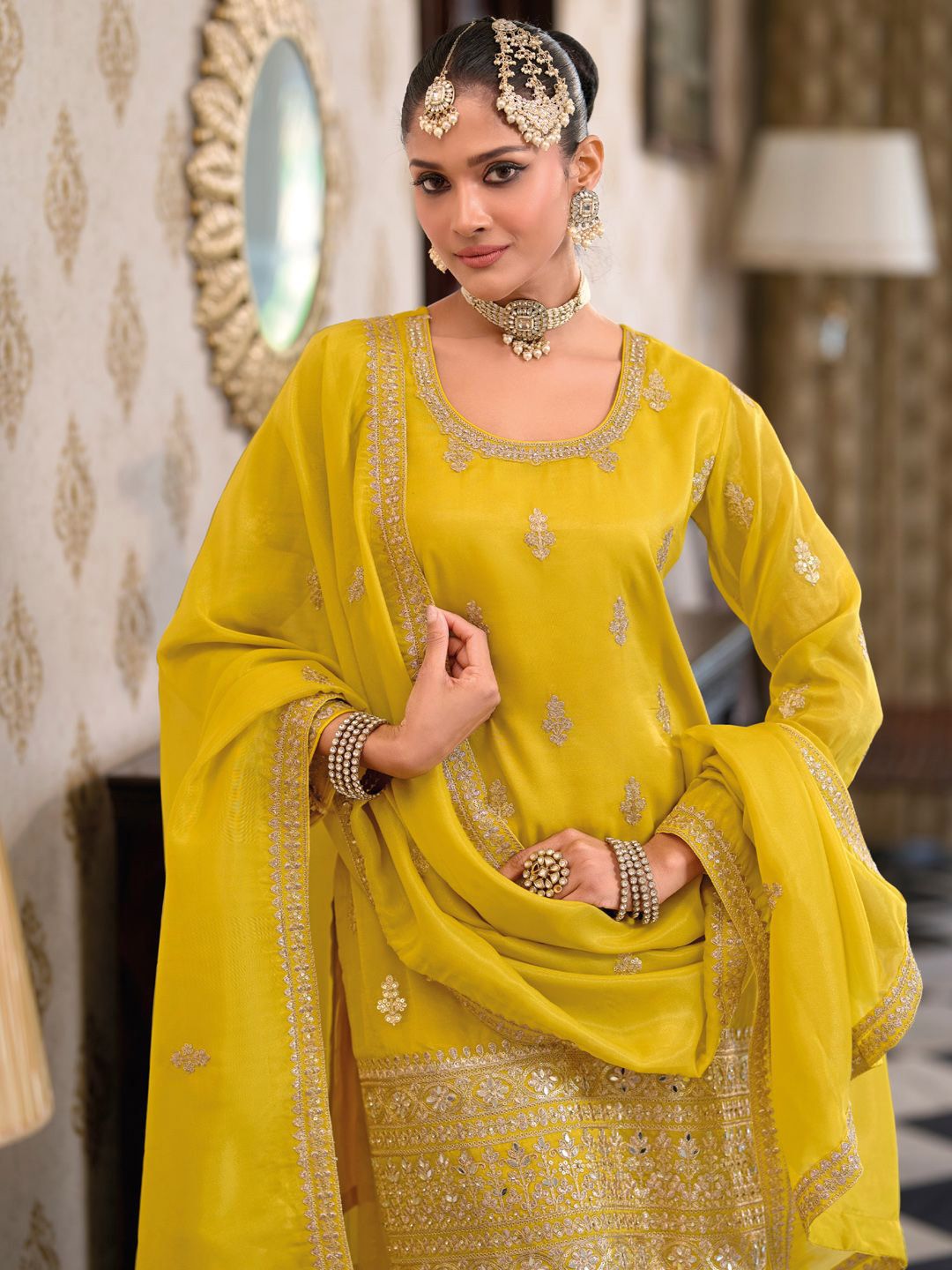 Indyancart IE Women Ethnic Motifs Embroidered Regular Kurta with Palazzos & With Dupatta