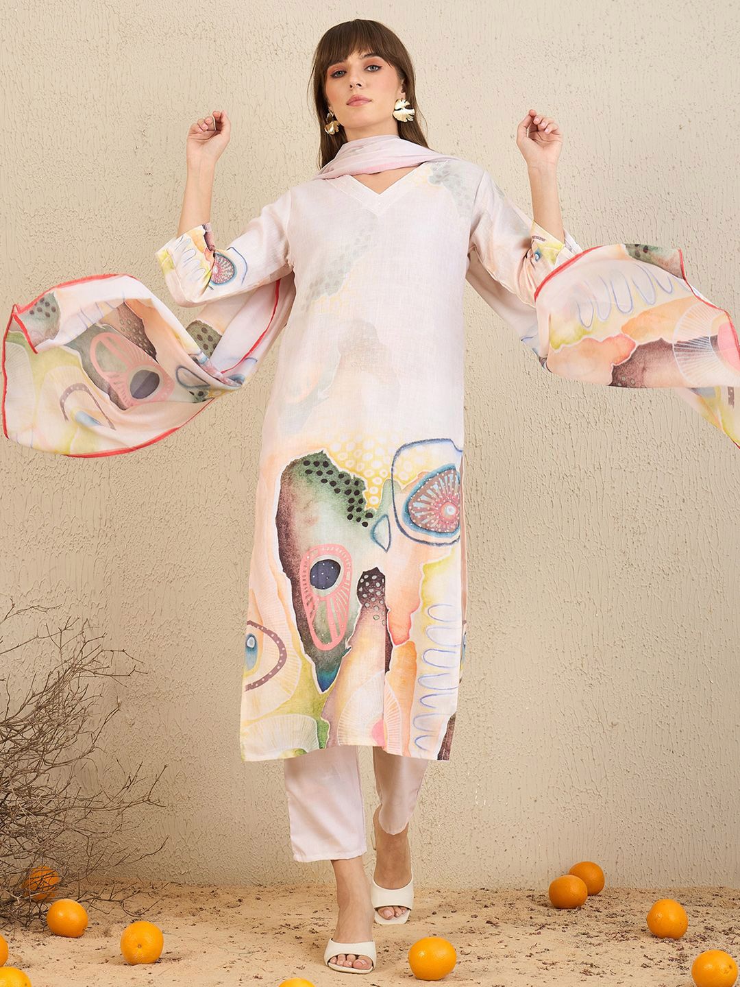 Indyancart IE Floral Printed Chanderi Silk Straight Kurta With Trousers & Dupatta