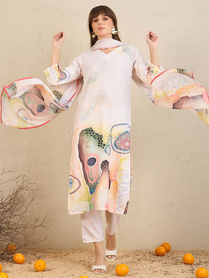 Indyancart IE Floral Printed Chanderi Silk Straight Kurta With Trousers & Dupatta
