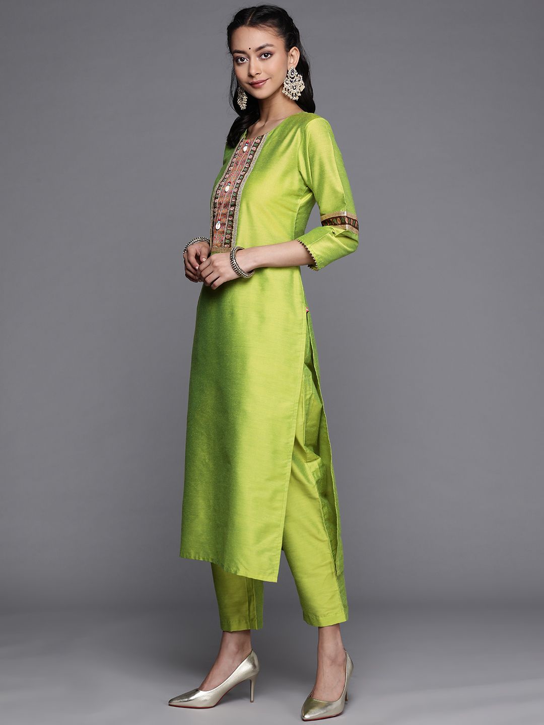 Indyancart VA Women's Lime Green Ethnic Motifs Yoke Design Beads and Stones Kurta with Trousers & With Dupatta