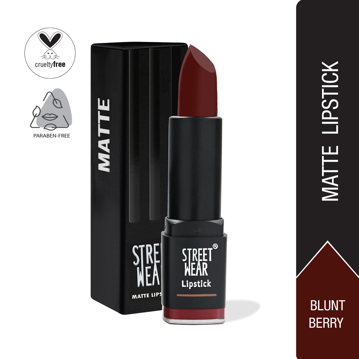 Street Wear Matte Lipstick in Blunt Berry, showcasing the deep matte berry shade in a sleek tube.