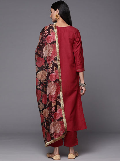 Dhiyona VA Women's Maroon & Beige Floral Embroidered Thread Work Kurta with Trousers & Dupatta
