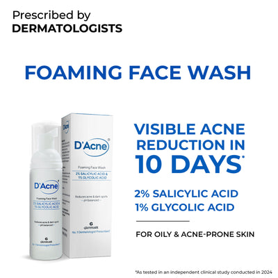D'Acne Foaming Face Wash, Visible Acne Reduction in 10 Days, 2% Salicylic Acid & 1% Glycolic Acid
