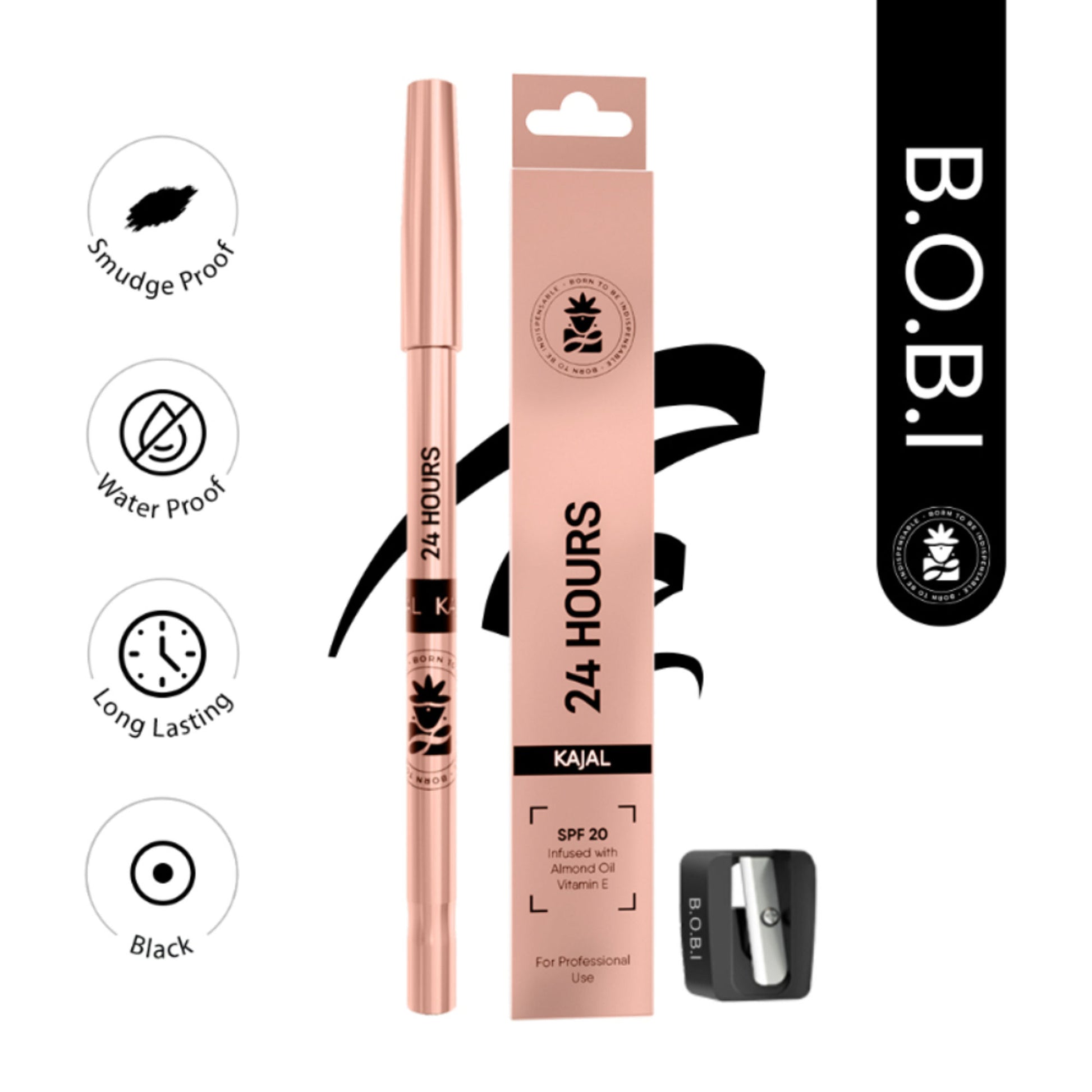 BOBI 24 Hour Black Kajal, Long Lasting, Smudge Proof, Waterproof, Deep Black, 1.5gm