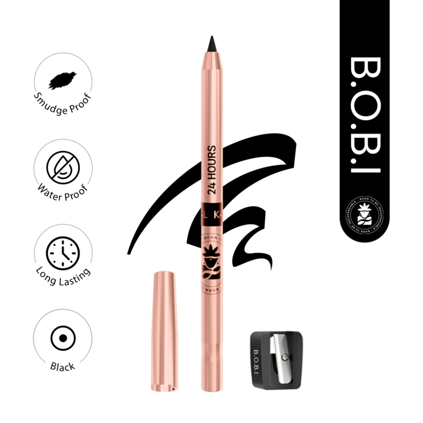 BOBI 24 Hour Black Kajal, Long Lasting, Smudge Proof, Waterproof, Deep Black, 1.5gm