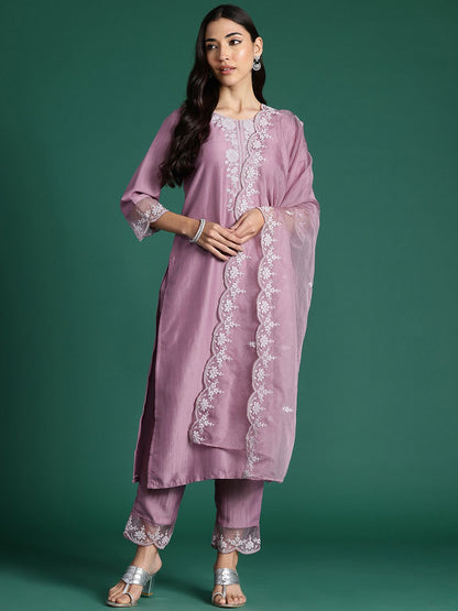 Indyancart IE Embroidered Zari Kurta with Trousers & With Dupatta