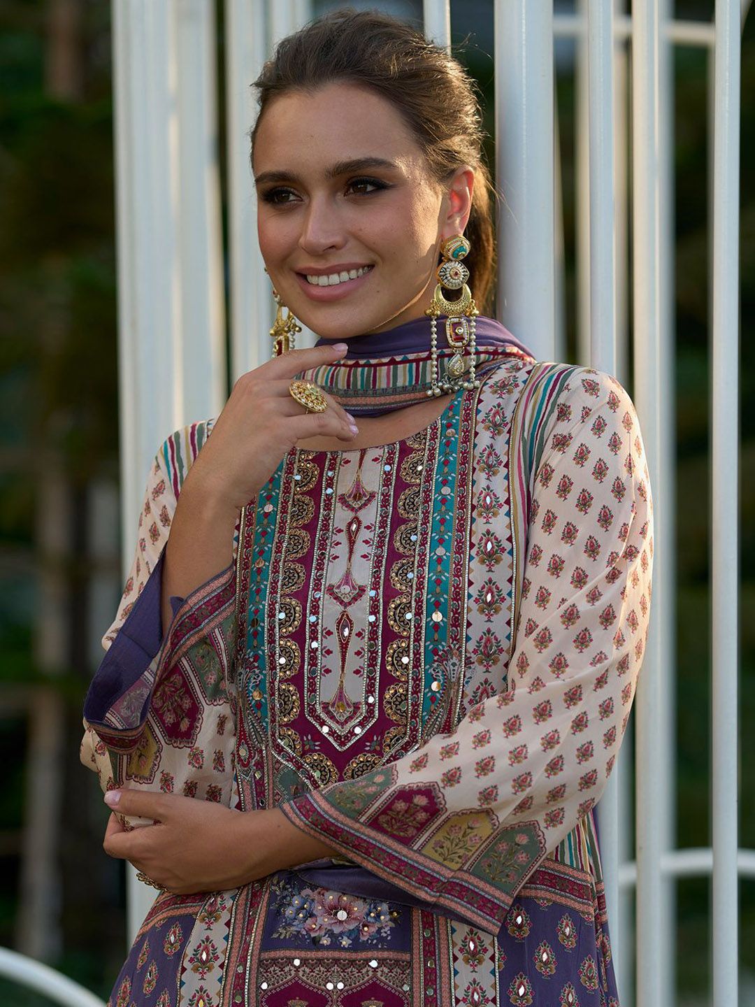 Floral Printed Mirror Work Liva Kurta with Palazzos & Dupatta
