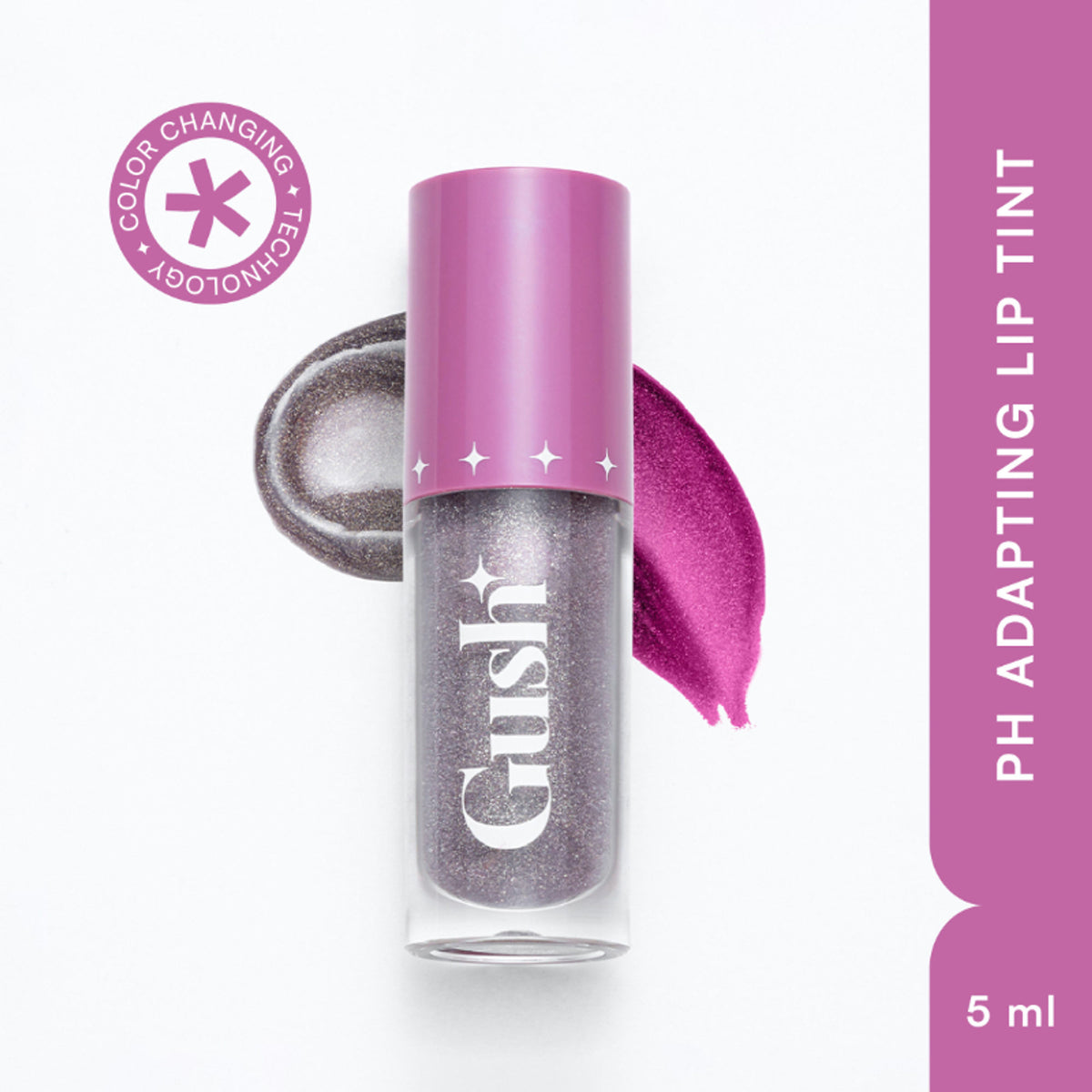 Gush Beauty pH-Inched Transformative Glossy Lip Tint in Midnight Sparkle showing a shiny, deep purple lip gloss with a glossy finish.