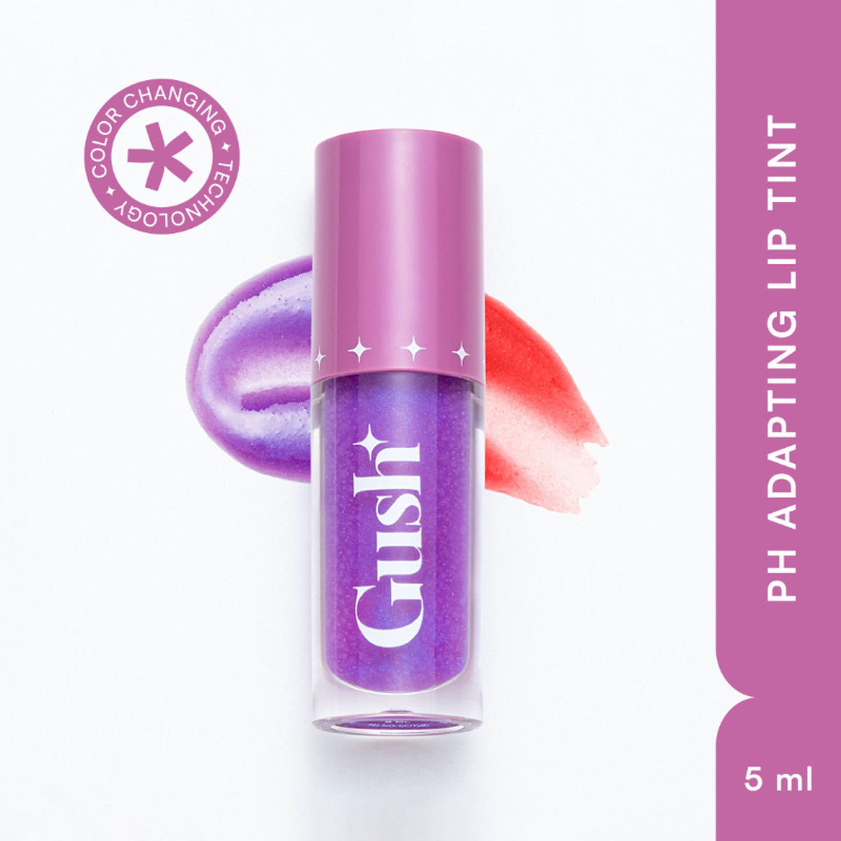 Gush Beauty pH-Inched Transformative Glossy Lip Tint in Purple Sunset showing a vibrant purple lip gloss on lips.