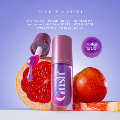 Gush Beauty pH-Inched Transformative Glossy Lip Tint in Purple Sunset, showing a vibrant purple lip shade with glossy finish.