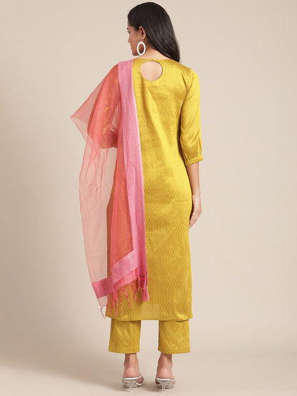 Indyancart VA Women's Mustard Yellow Embroidered Pure Silk Kurta with Trousers & With Dupatta