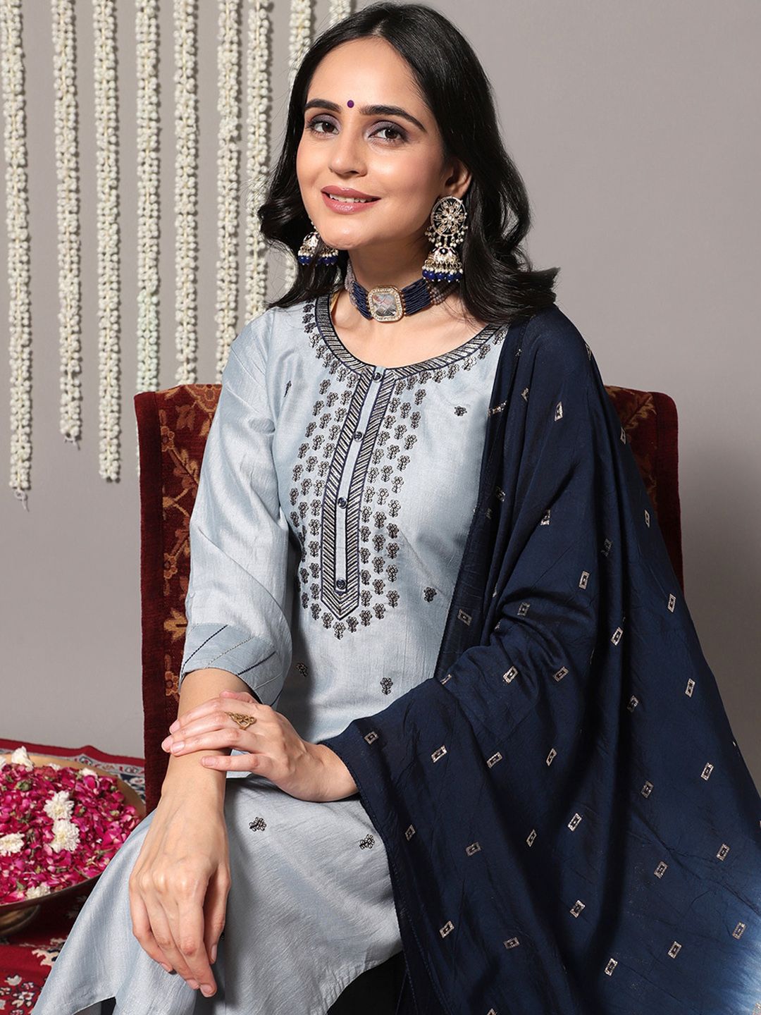 Indyancart VA Women'sBlue Ethnic Motifs Embroidered Kurta With Trousers & Dupatta
