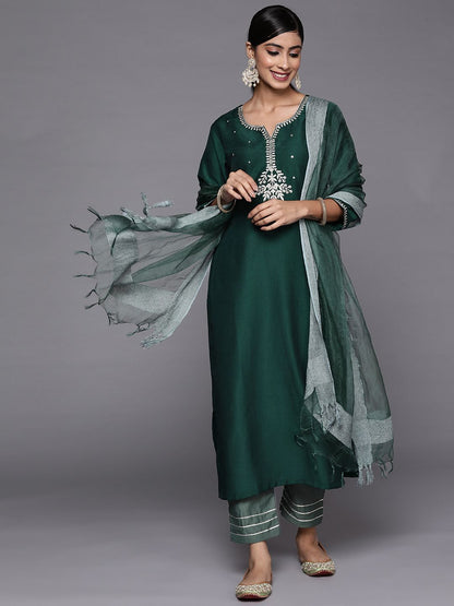 Indyancart VA Women's Green Ethnic Motifs Embroidered Kurta with Trousers & With Dupatta