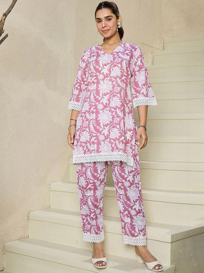 Dhiyona IE Floral Printed V Neck Pure Cotton A-Line Kurta with Trousers