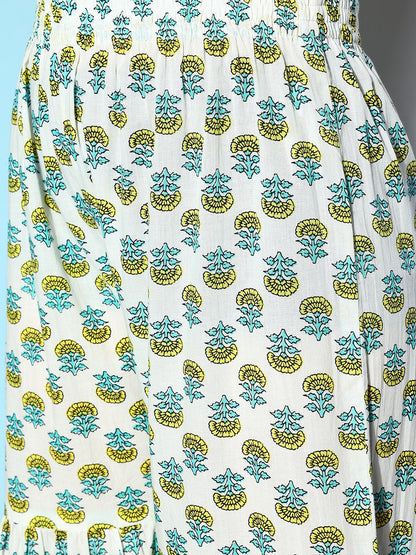 Indyancart VA Women's Green Ethnic Motifs Printed Pure Cotton Kurta with Sharara & Dupatta