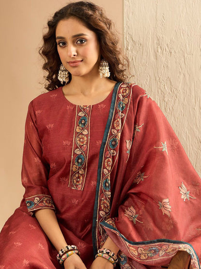 Indyancart IE Women Embroidered Regular Thread Work Chanderi Silk Kurta Trousers Dupatta