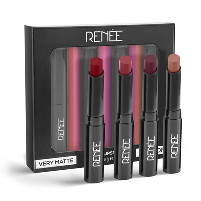 RENEE Very Matte Lipstick Combo- Essentials, Pack Of 4, Full Coverage, Long Lasting, Weightless