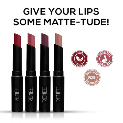 RENEE Very Matte Lipstick Combo- Essentials, Pack Of 4, Full Coverage, Long Lasting, Weightless