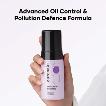 Cureskin Deep Cleanse Salicylic Acid Face Wash bottle with clear label and pump dispenser, suitable for acne-prone skin.