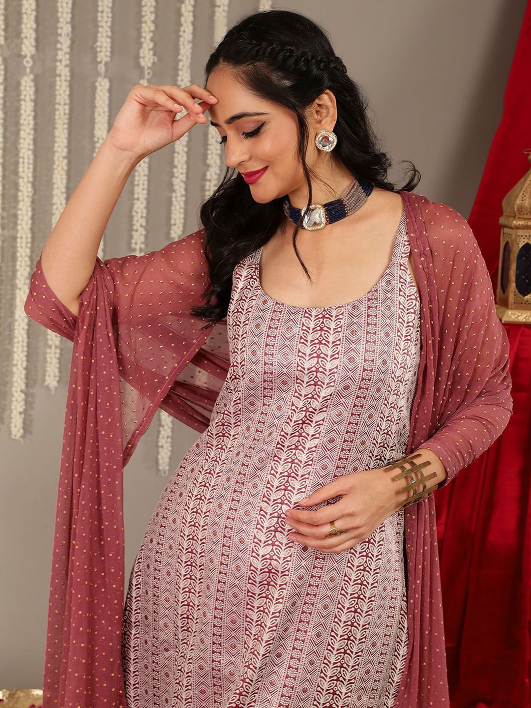 Indyancart VA Women's Shoulder Straps Woven Printed Straight Kurta & Trouser With Dupatta