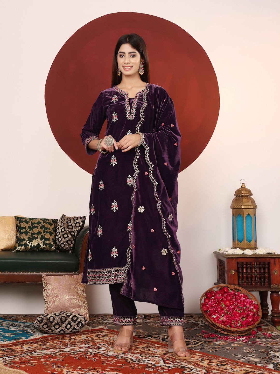 Indyancart VA Floral Embroidered Regular Velvet Straight Kurta with Palazzos & Dupatta