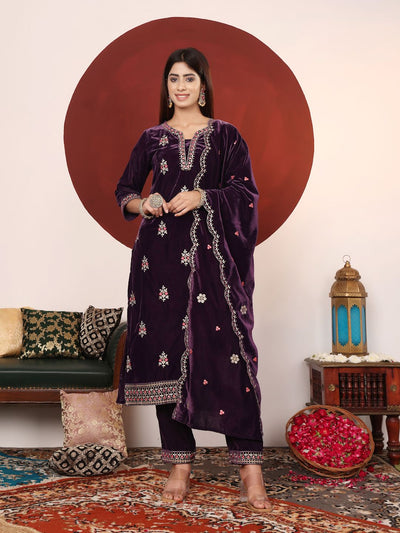 Indyancart VA Floral Embroidered Regular Velvet Straight Kurta with Palazzos & Dupatta