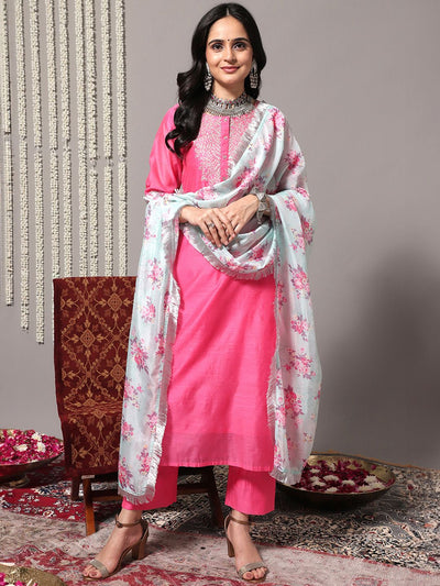Indyancart VA Women's Pink Yoke Design Sequinned Chanderi Silk Kurta with Palazzos & With Dupatta