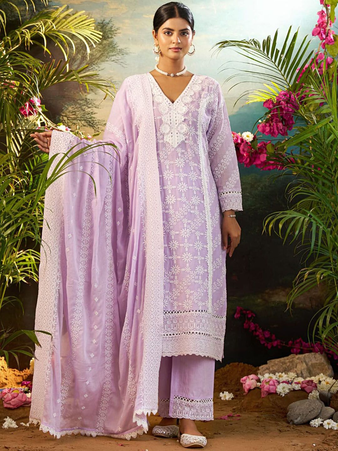 Women Solid Embroidered Cotton Kurta with Trousers & Dupatta