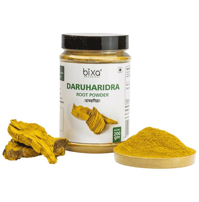 Bixa Botanical Daruharidra Powder, Ayurvedic herbal powder in a clear container, showcasing its fine yellowish-brown powder.