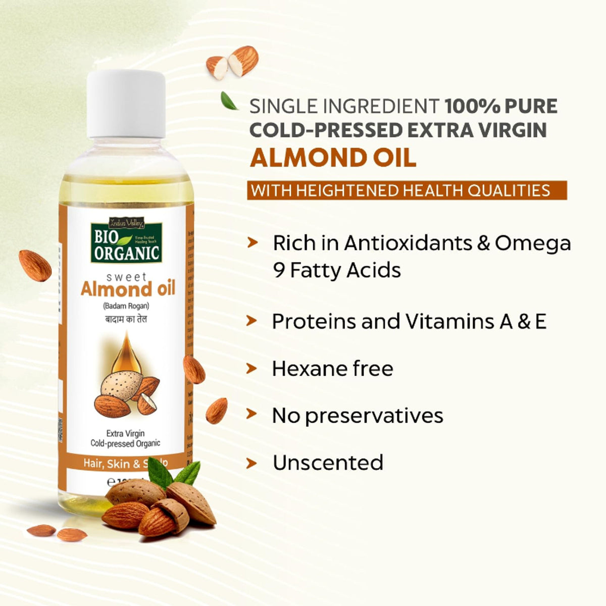 Indus Valley Sweet Almond Oil Cold Pressed For Hair Growth & Skin Nourishment